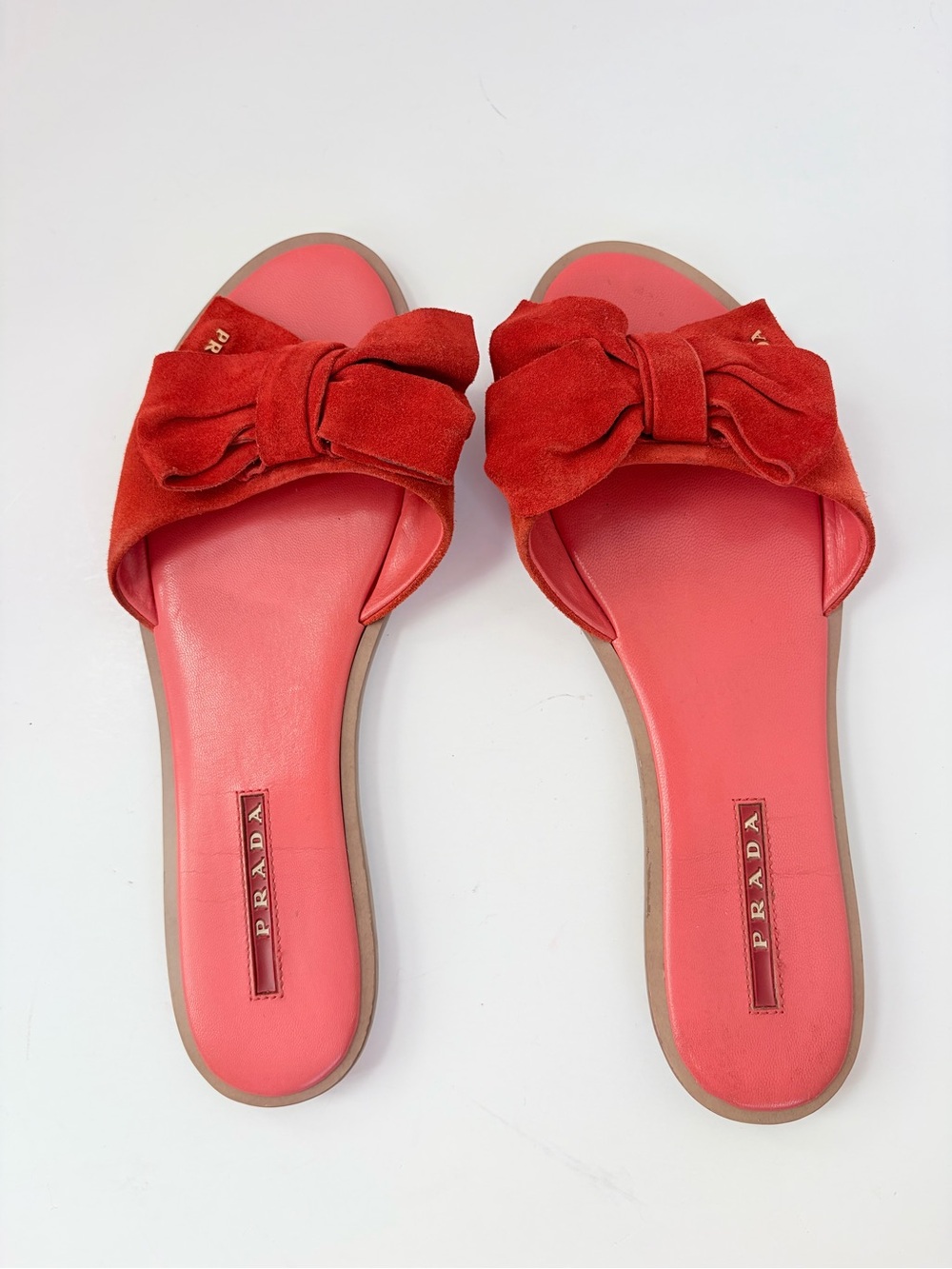 Prada Statement Slide Sandals Oversized Bow Flat Slip On Suede Coral Red Size 37